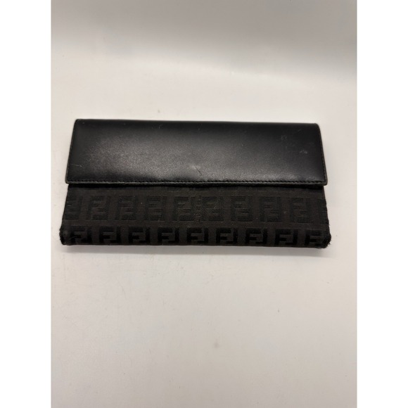 Fendi Long Wallet Zucca Monogram Black Leather Canvas Silver Buckle Authentic - Picture 2 of 13
